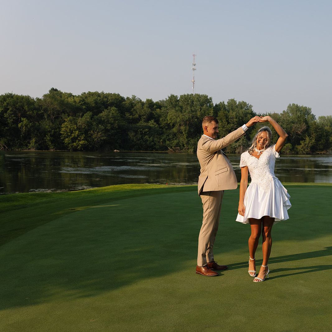 Groom twirls bride in mother's reworked bridal gown on golf course at rehearsal dinner