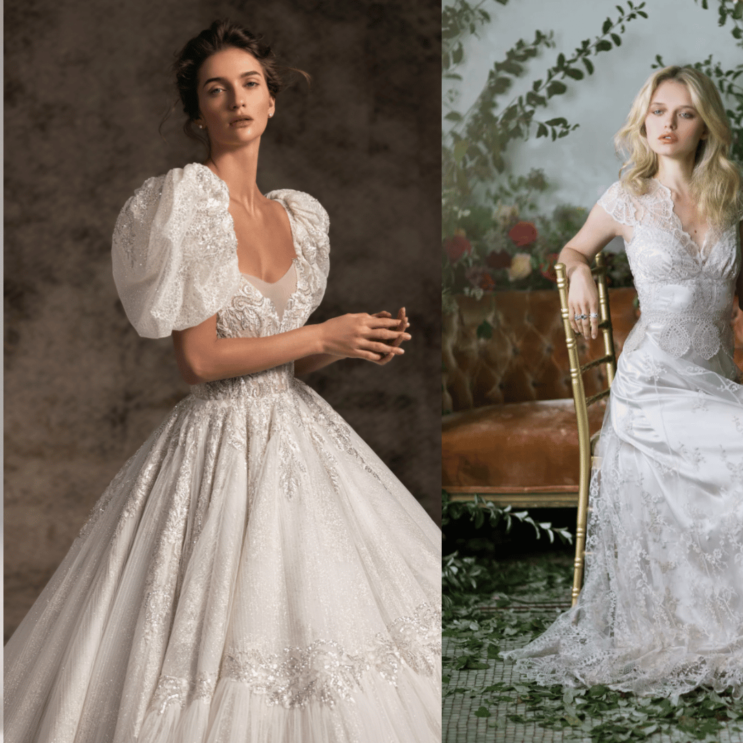 (L to R): Milla Nova feminine voluminous sheer sleeves dress, Wona Couture "Karmen" dress and Claire Pettibone "Cora" dress