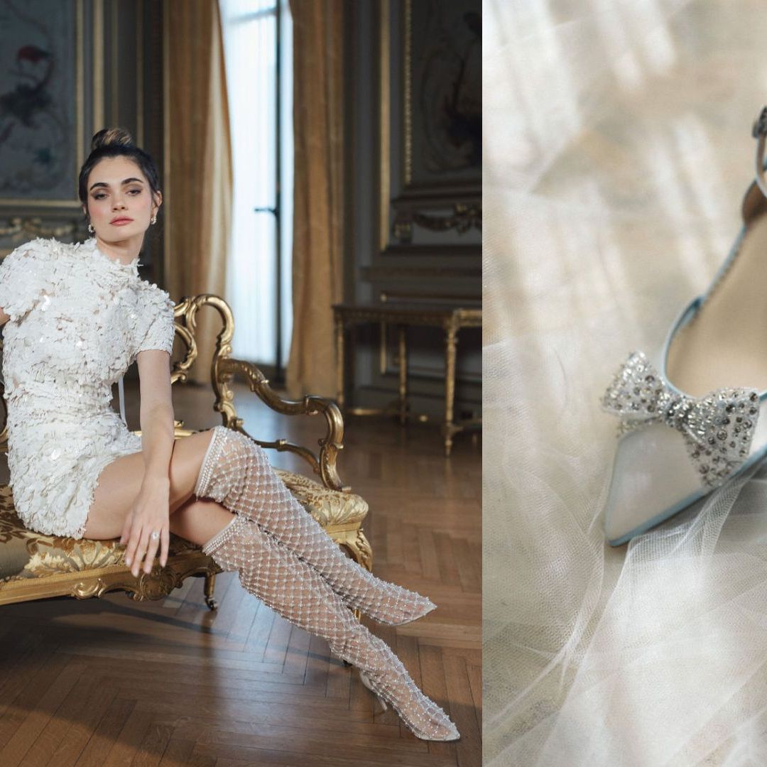 Model and pair of silver bridal Bella Belle Shoes from the Champagne Era collection