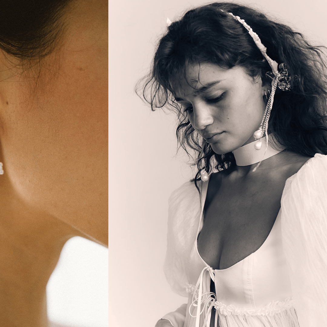 Close-up of handmade jewelry from Rileyhaus featuring an intricate glass earring and a model wearing an avant-garde headpiece, highlighting the brand's artistic and sustainable designs.