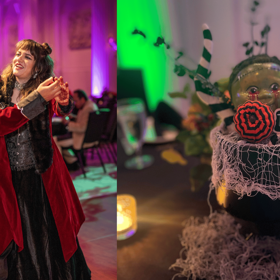 A couple dressed in Victorian-inspired Halloween costumes dancing at their spooky reception, featuring eerie purple lighting at the Portland Art Museum