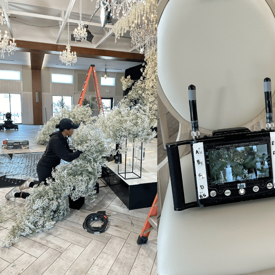 A behind-the-scenes look at the floral setup for Love Is Blind weddings, featuring designers from Hana April Inc. arranging baby’s breath installations, a production monitor showing the wedding setup, and the floral-adorned ceremony space with chandeliers and greenery.