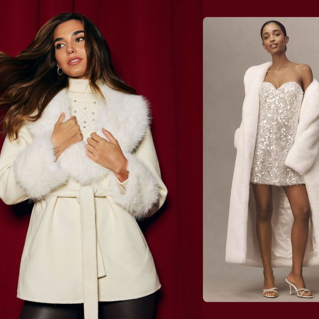 Collage of three ELLIATT winter bridal coats, including a belted faux-fur trim jacket, a long ivory faux-fur coat worn over a sequin mini dress, and a shaggy white faux-fur jacket styled with a satin mini—showcasing elegant outerwear options for winter brides.