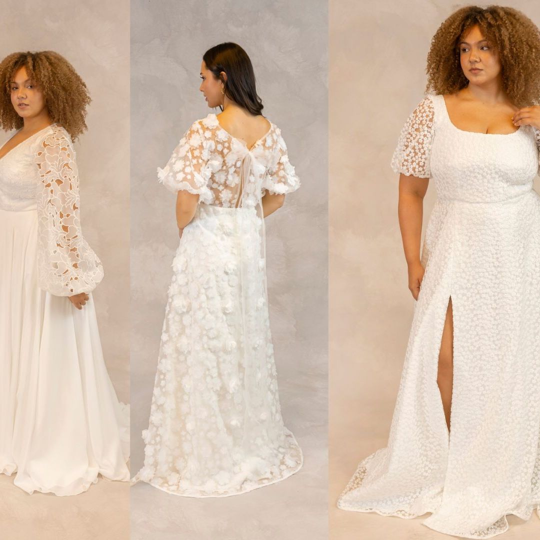 Four bridal gowns from E&W Couture’s New Archive collection, shown on diverse models, featuring puff sleeves, floral lace, 3D appliqué and size-inclusive silhouettes.