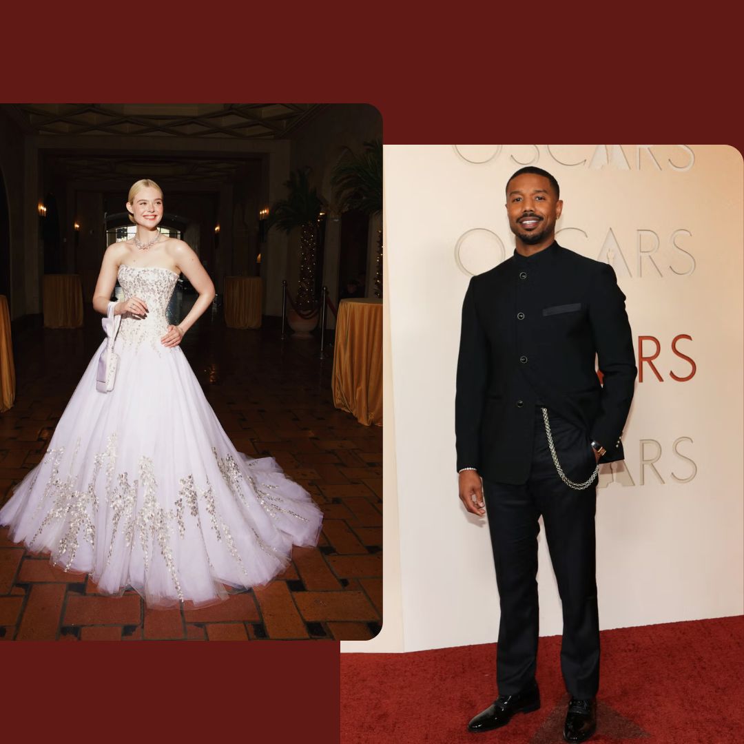Oscars 2026 red carpet fashion featuring Elle Fanning in a white embroidered Givenchy gown, a pastel pink gown with red wrap detail, and Michael B. Jordan in a modern black Louis Vuitton suit—looks inspiring bridal, bridesmaid and groom wedding fashion trends.