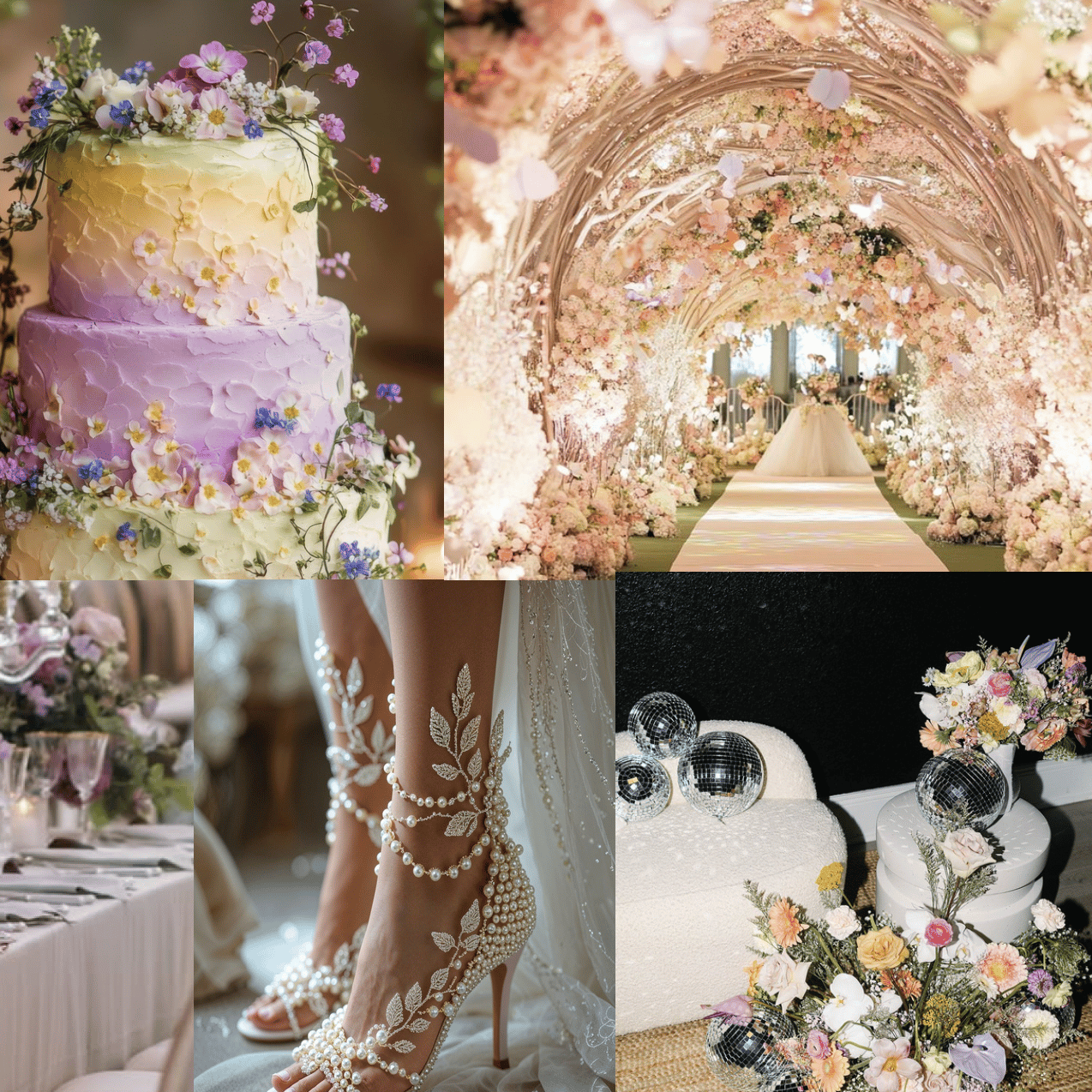 Modern romantic mood board for a Taylor Swift and Travis Kelce wedding with soft neutrals, metallic accents, sculptural florals, and candlelit ambiance.