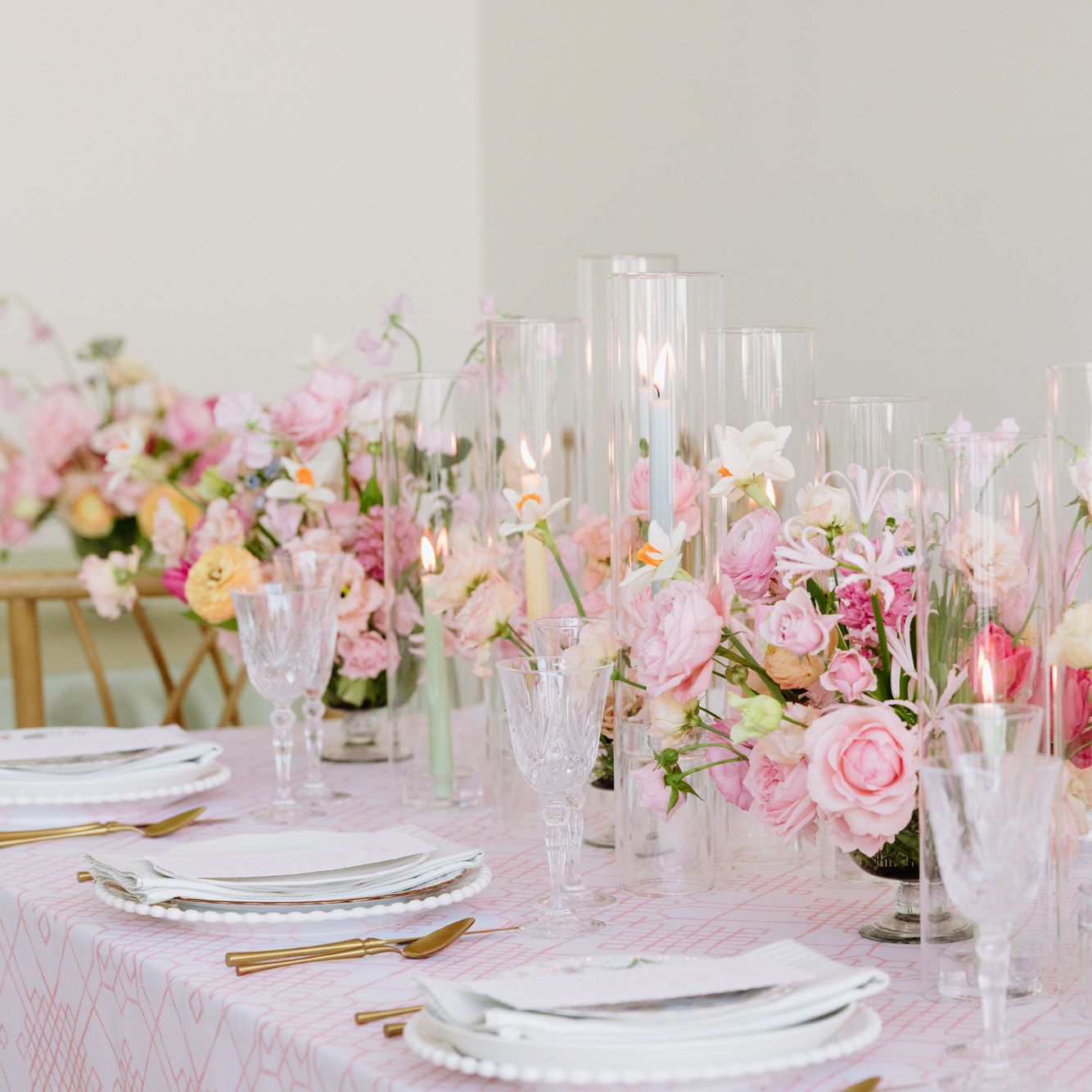 Feminine receptions scene featuring pastel hues and playful florals in editorial at The Omaha Studio