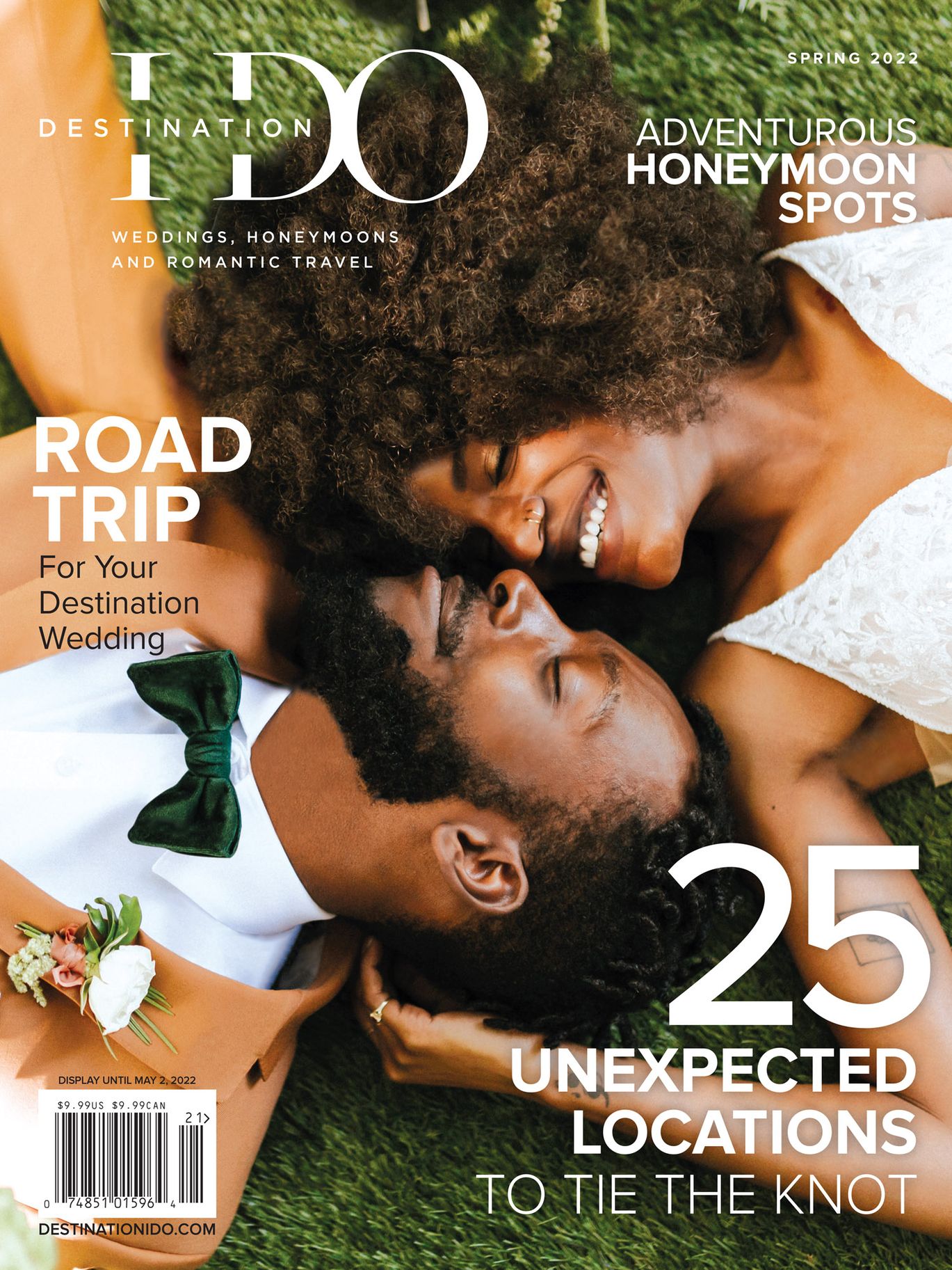 Destination I Do Spring 2022 magazine cover featuring a couple lying together on the grass, smiling in their wedding attire.