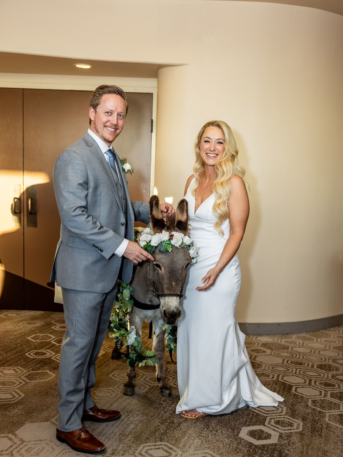 Kloos Wedding, AZB, Bride and Groom and Donkey With Flower Crown