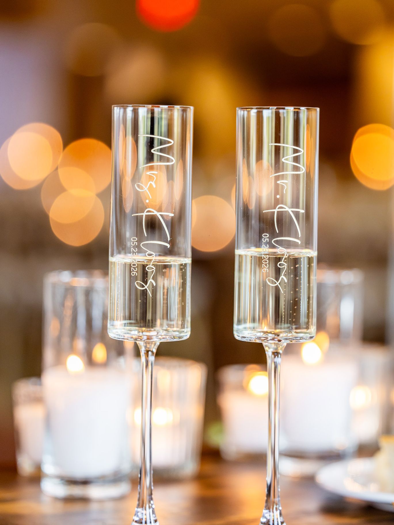 Kloos Wedding, AZB, Mr. and Mrs. Champagne Flutes