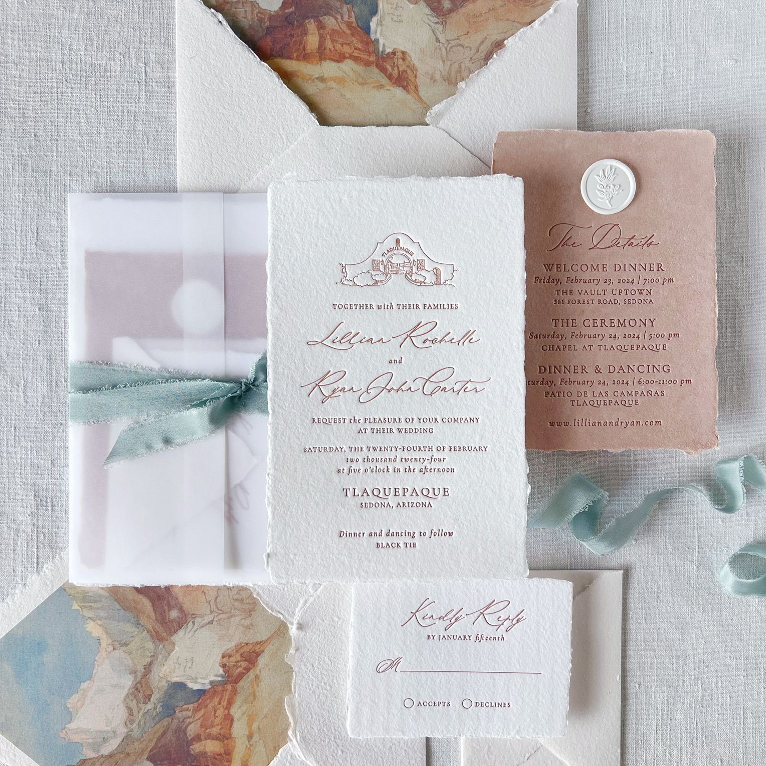 Sedona-inspired wedding invitation suite by Ashley Bunten Design with handmade paper, custom venue illustration and terracotta details.
