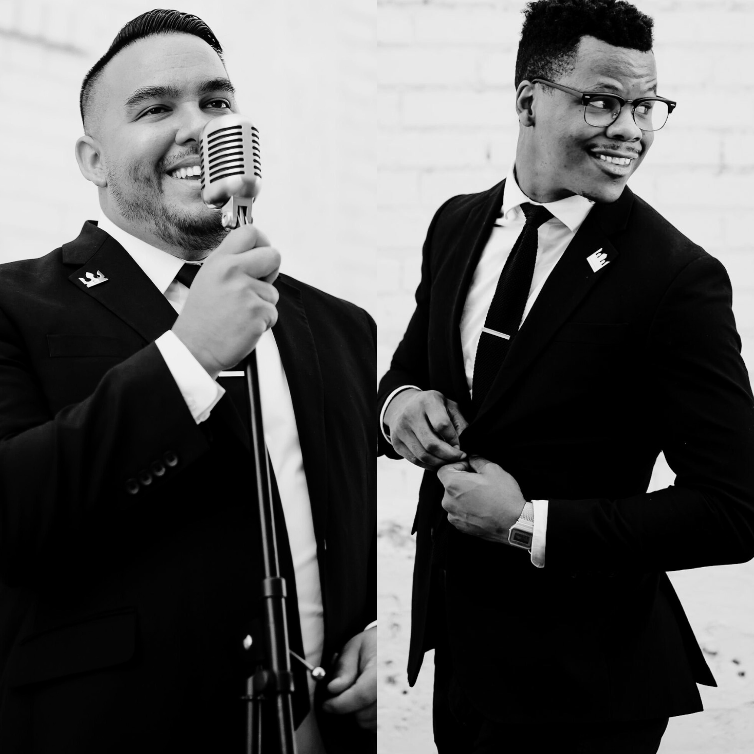 Black-and-white portraits of Cornell Leffler & Ether Saure from the Downtown Collective band, one singing into a vintage microphone and the other adjusting his suit jacket.
