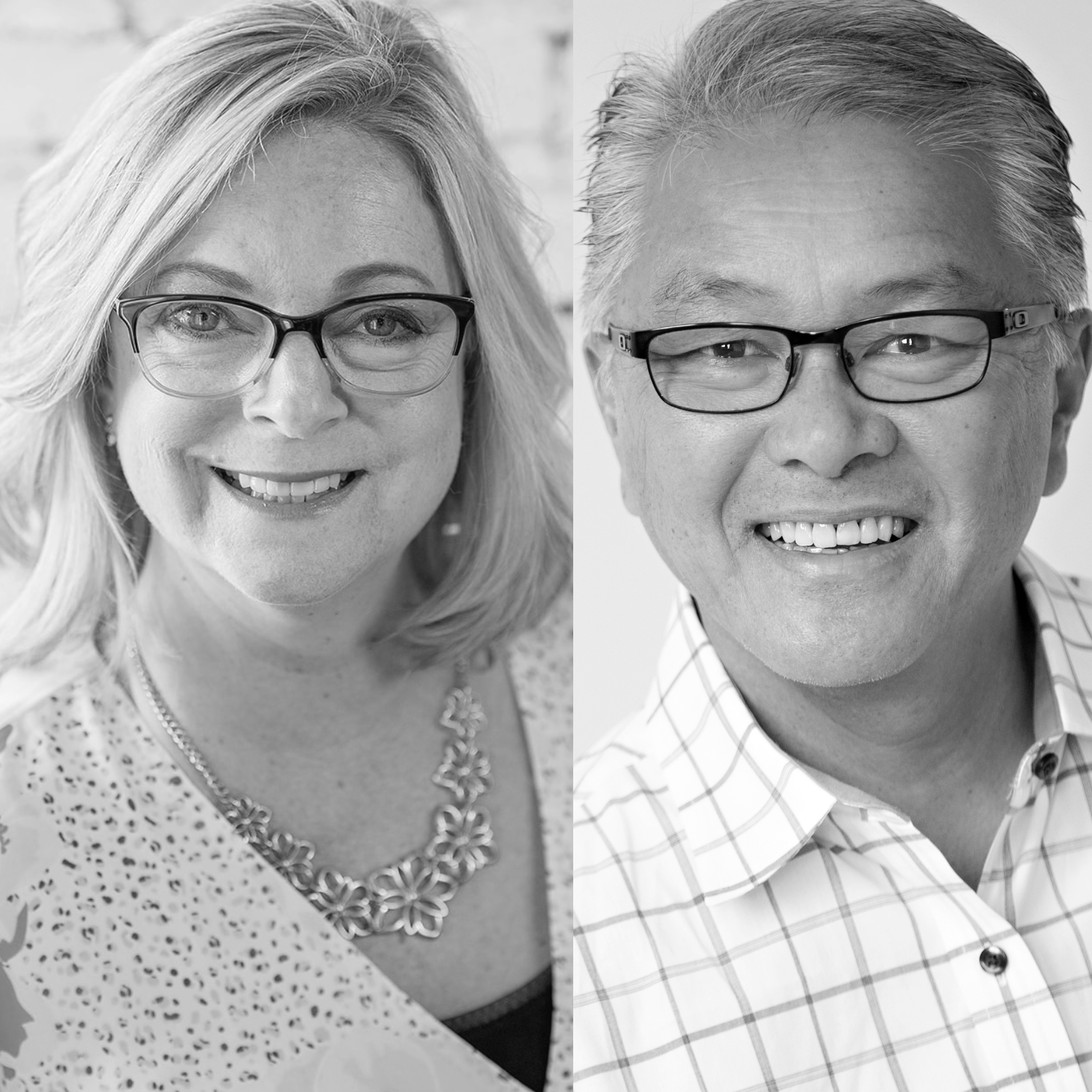 Professional headshots of Dawn and Ralph Dacut, co-founders and officiants of Flutterby Celebrations