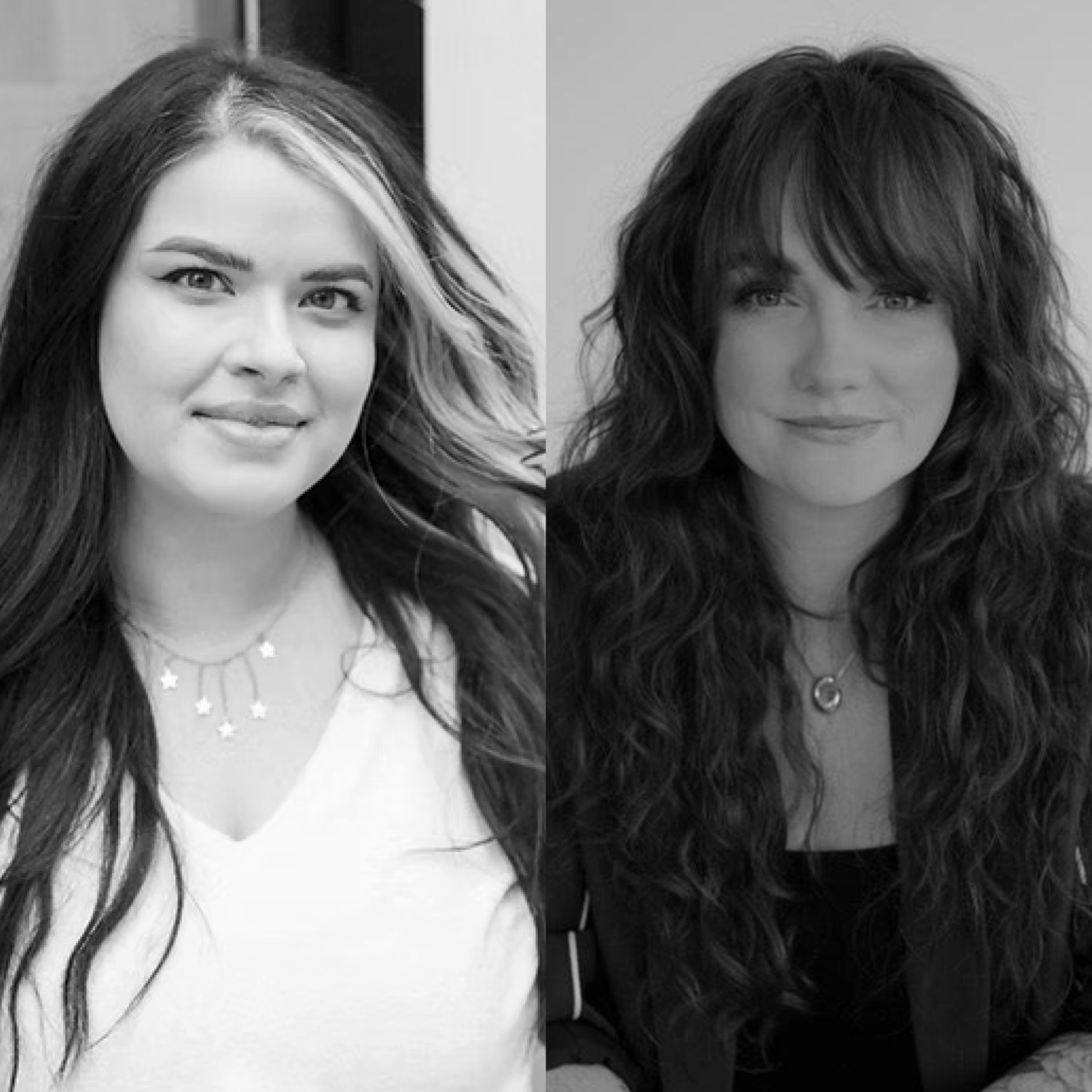 Black and white portrait of Gemma-Louise Sherman and Brittany Desmondez, bridal hair specialists with Bridal Beaut, showcasing their expertise in wedding hairstyling.