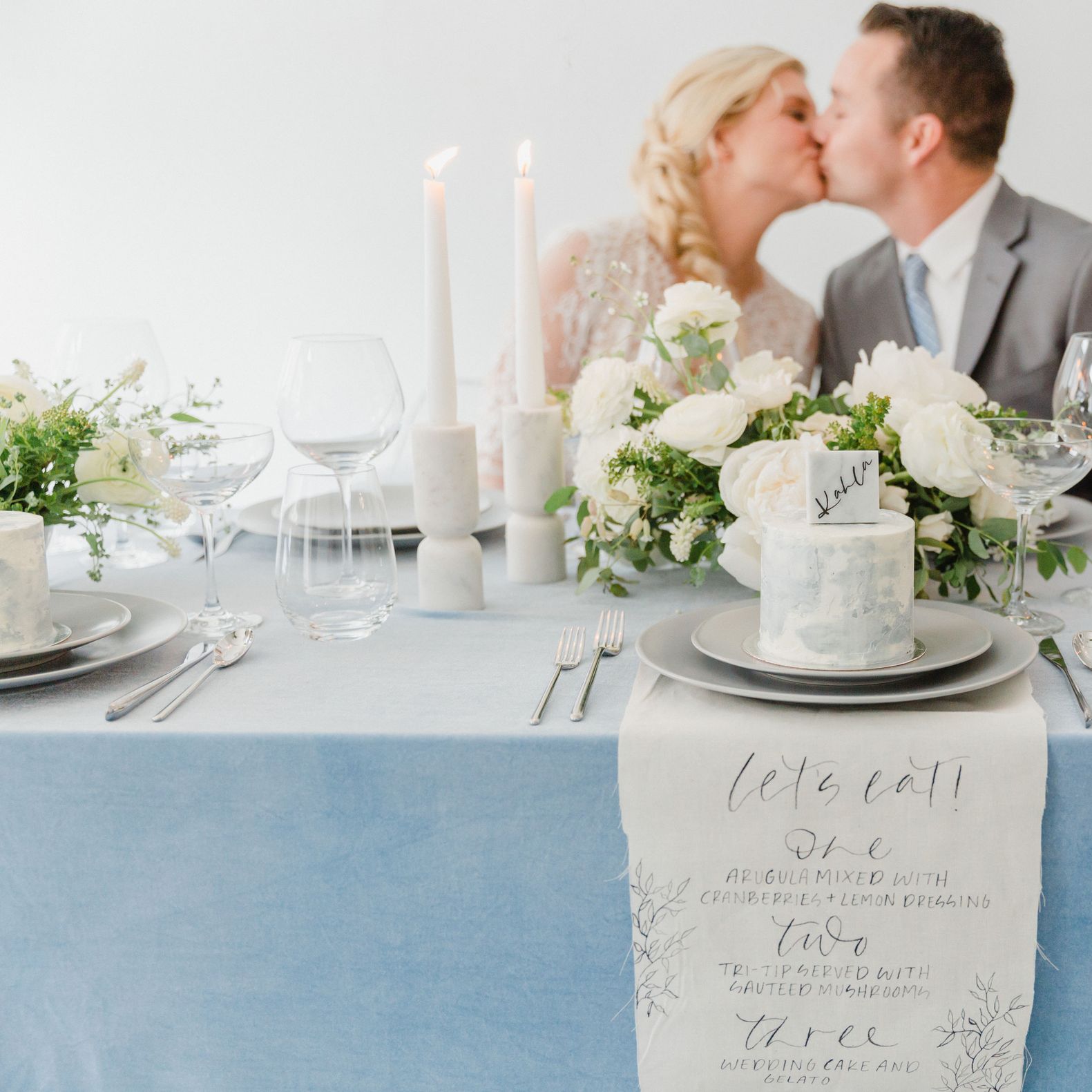 A styled shoot featuring classic blue linens and desserts. Pantone Color of the Year 2020.