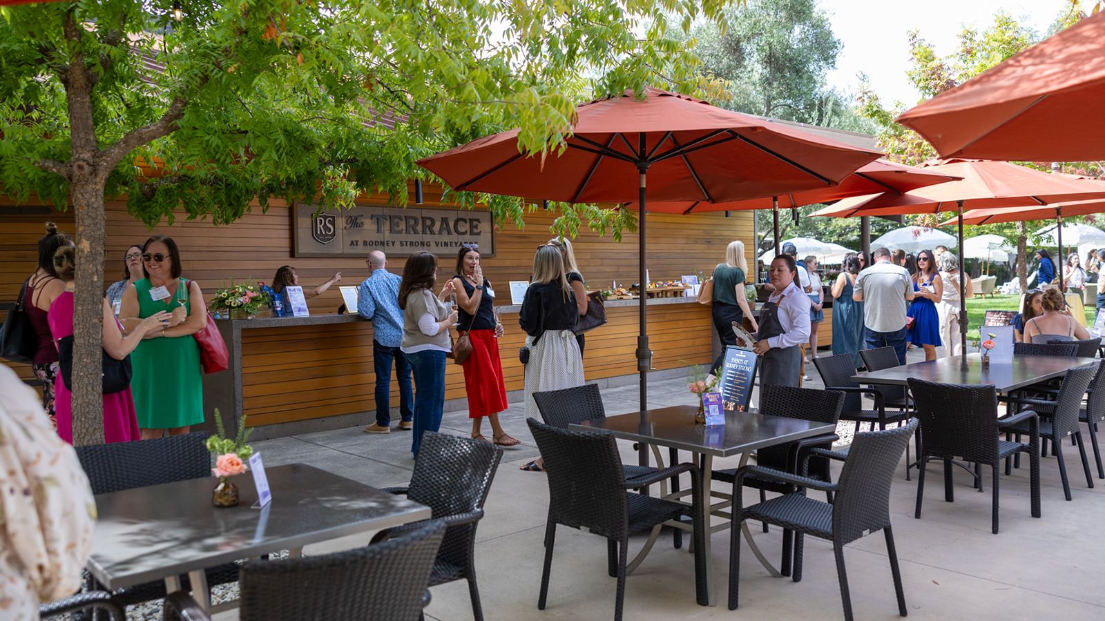 Wedding and event professionals mingle on the terrace at Rodney Strong Vineyards