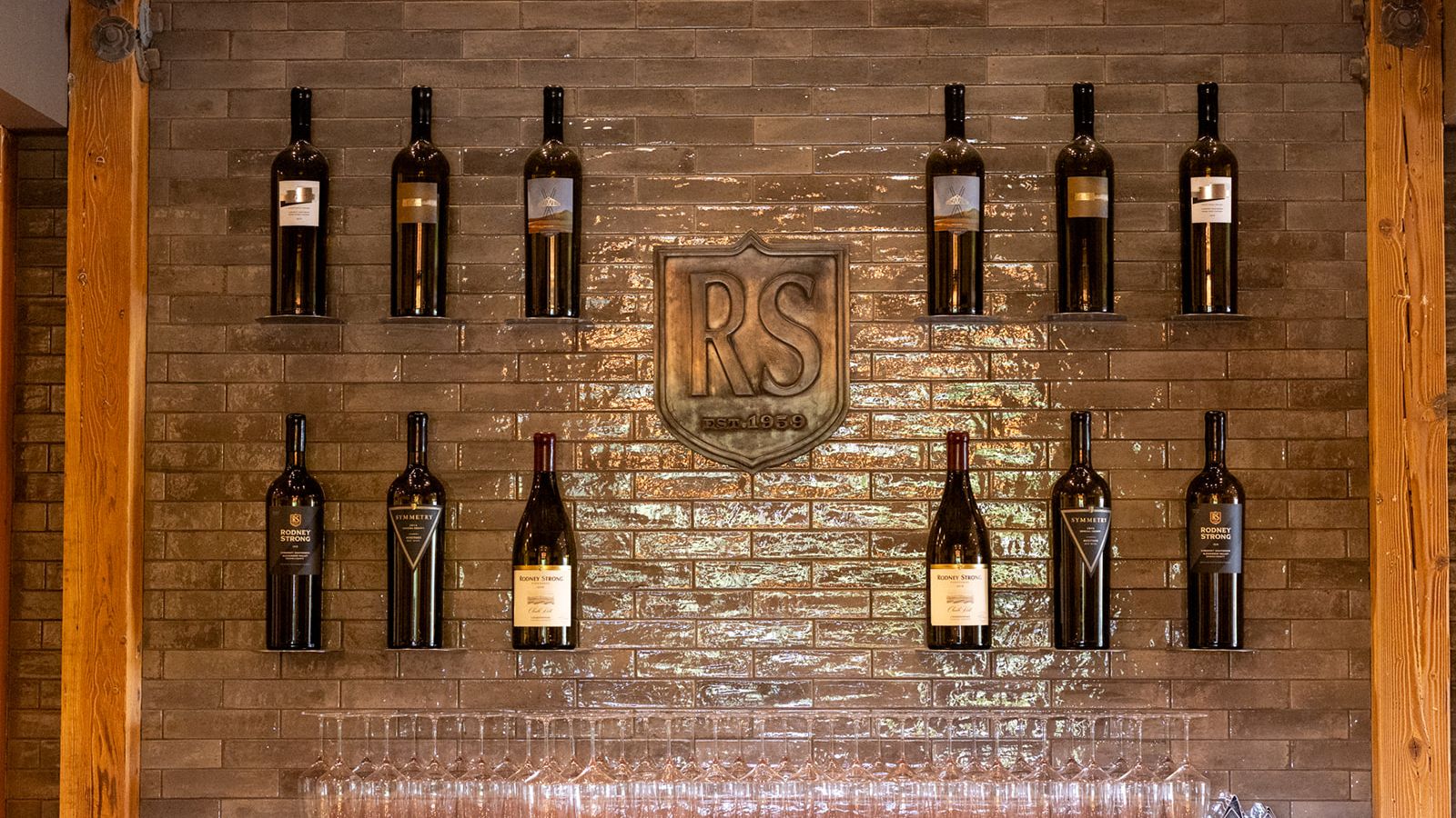 Wine bottle display inside Rodney Strong Vineyards during the ILEA Napa-Sonoma event
