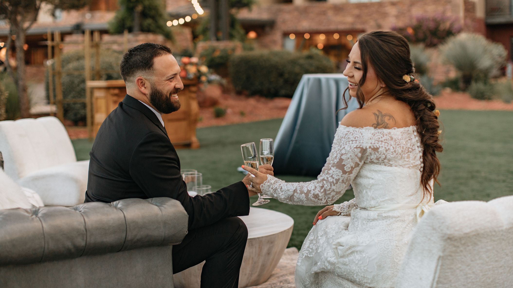 SDXSE Wedding Sanctuary at Bell Rock in Arizona wedding bride and groom cheersing