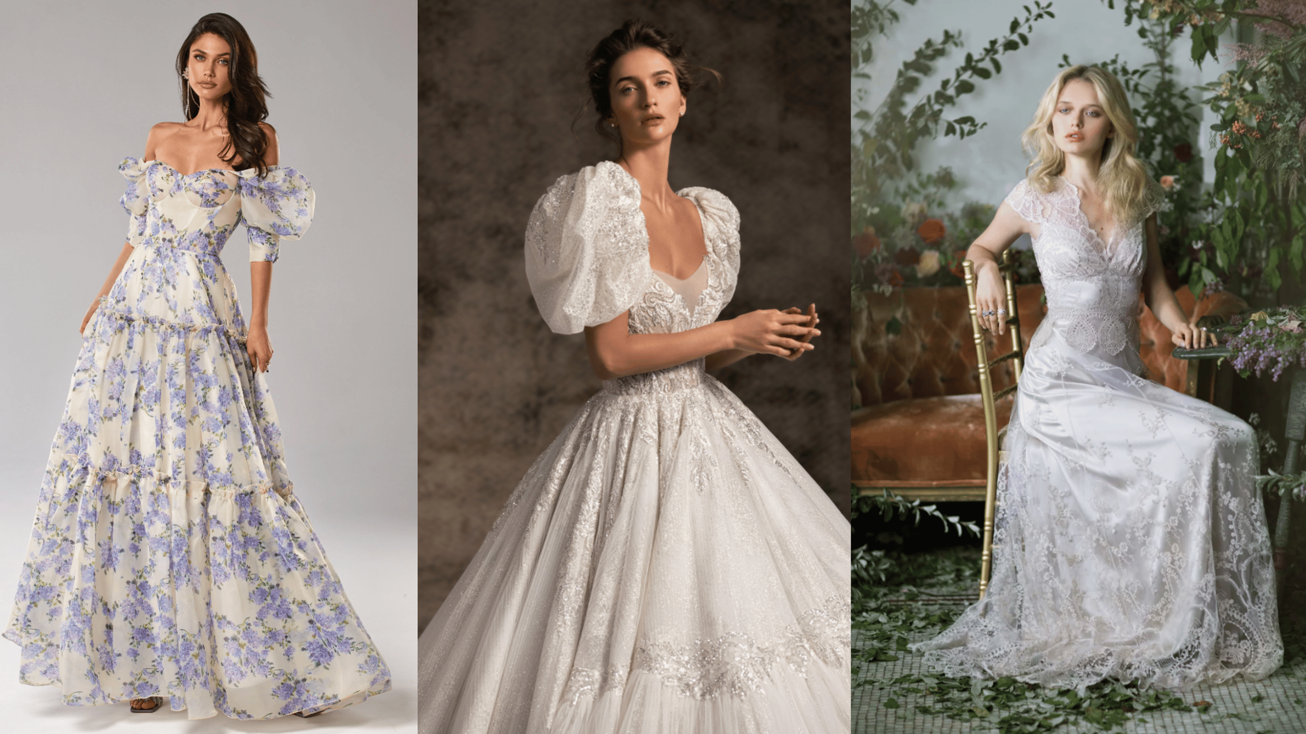 (L to R): Milla Nova feminine voluminous sheer sleeves dress, Wona Couture "Karmen" dress and Claire Pettibone "Cora" dress