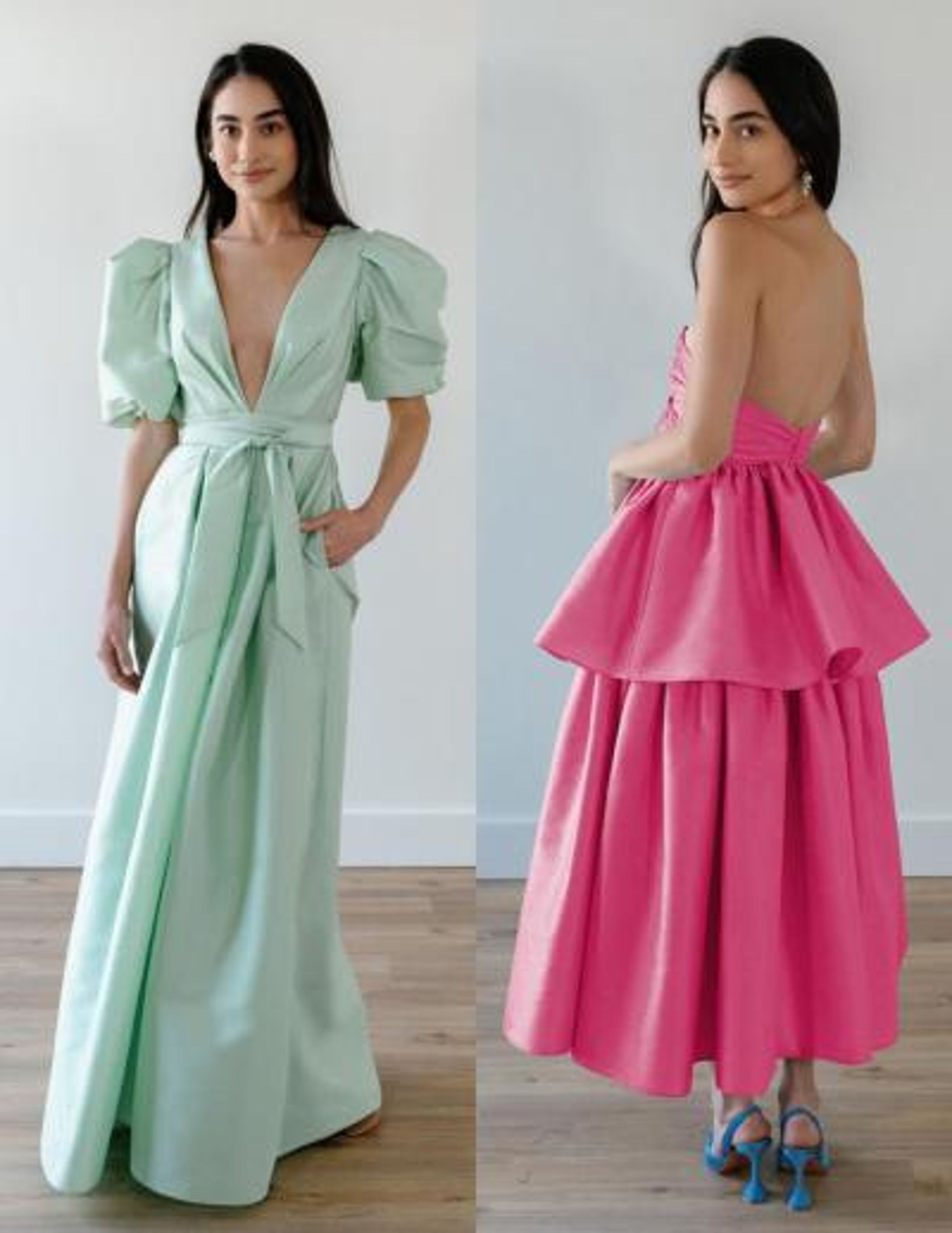By Watters summer wedding guest dresses in light blue and hot pink