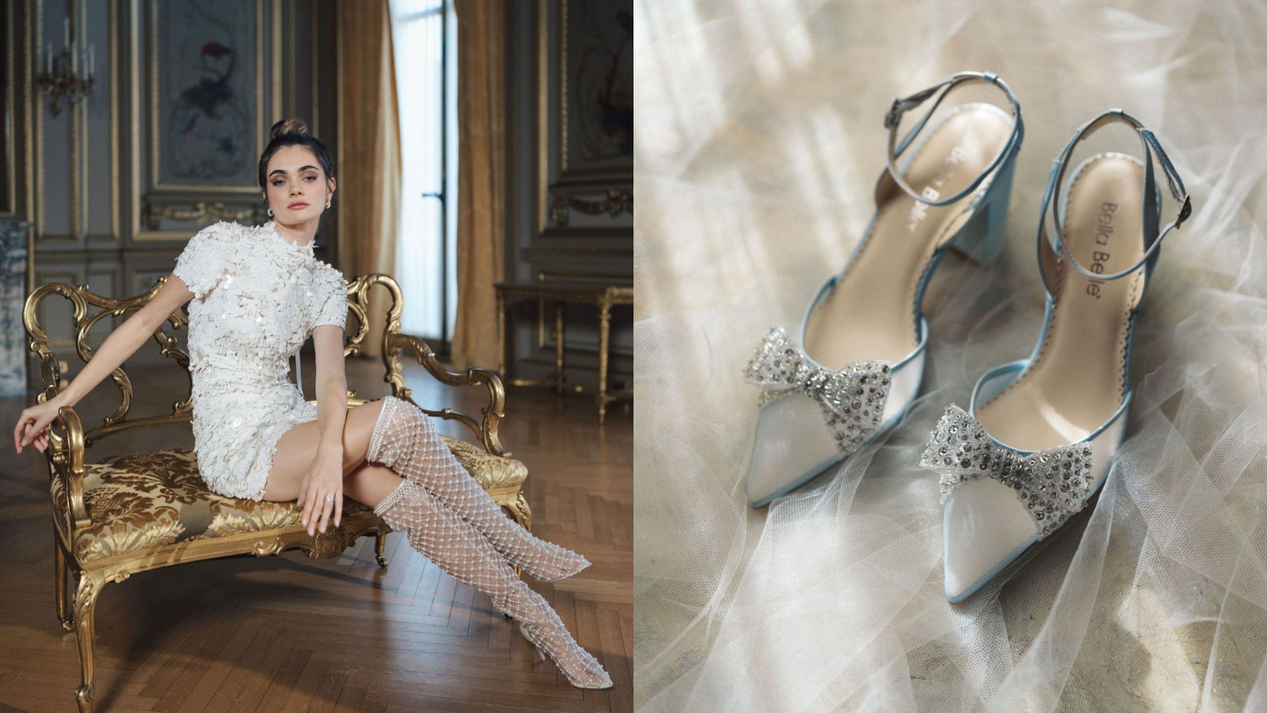 Model and pair of silver bridal Bella Belle Shoes from the Champagne Era collection