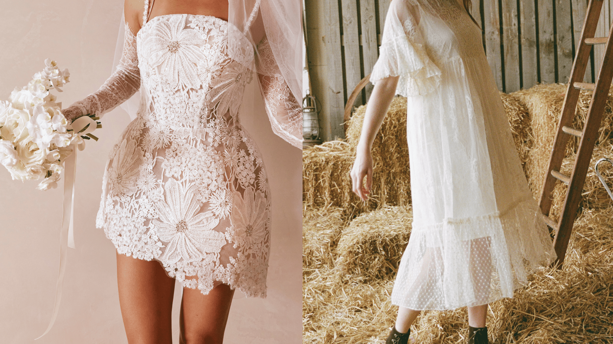 Detailed view of the Ravella mini dress by Grace Loves Lace with 3D floral lace and the vintage-inspired Havisham dress by Joanie featuring sheer sleeves and ruffled layers