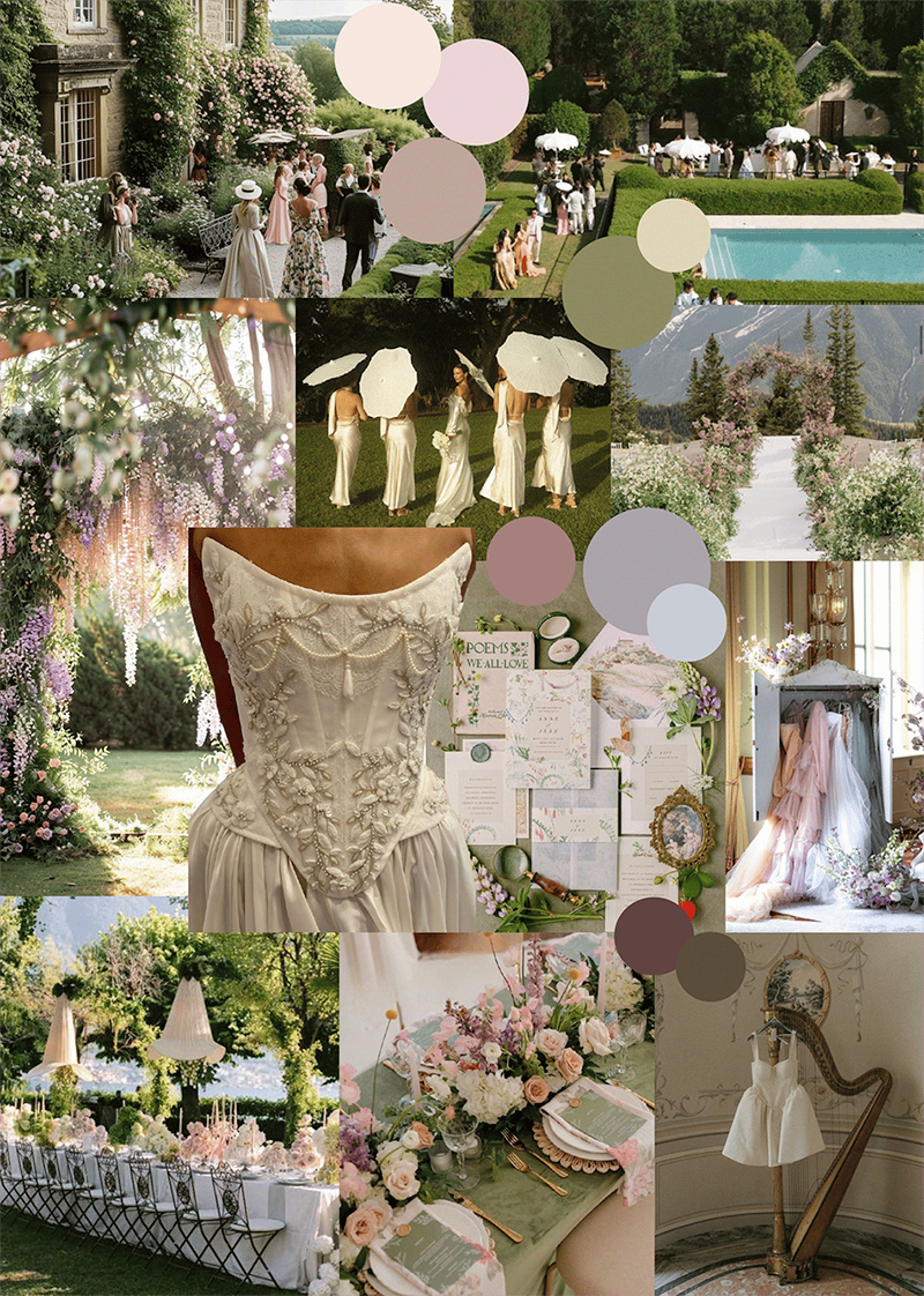 Mood board for a Taylor Swift & Travis Kelce–style wedding featuring a wisteria-covered estate, parasol bridesmaids, pearl-embellished corset gown, pastel stationery, harp, and garden tablescapes in blush, mauve, and sage.