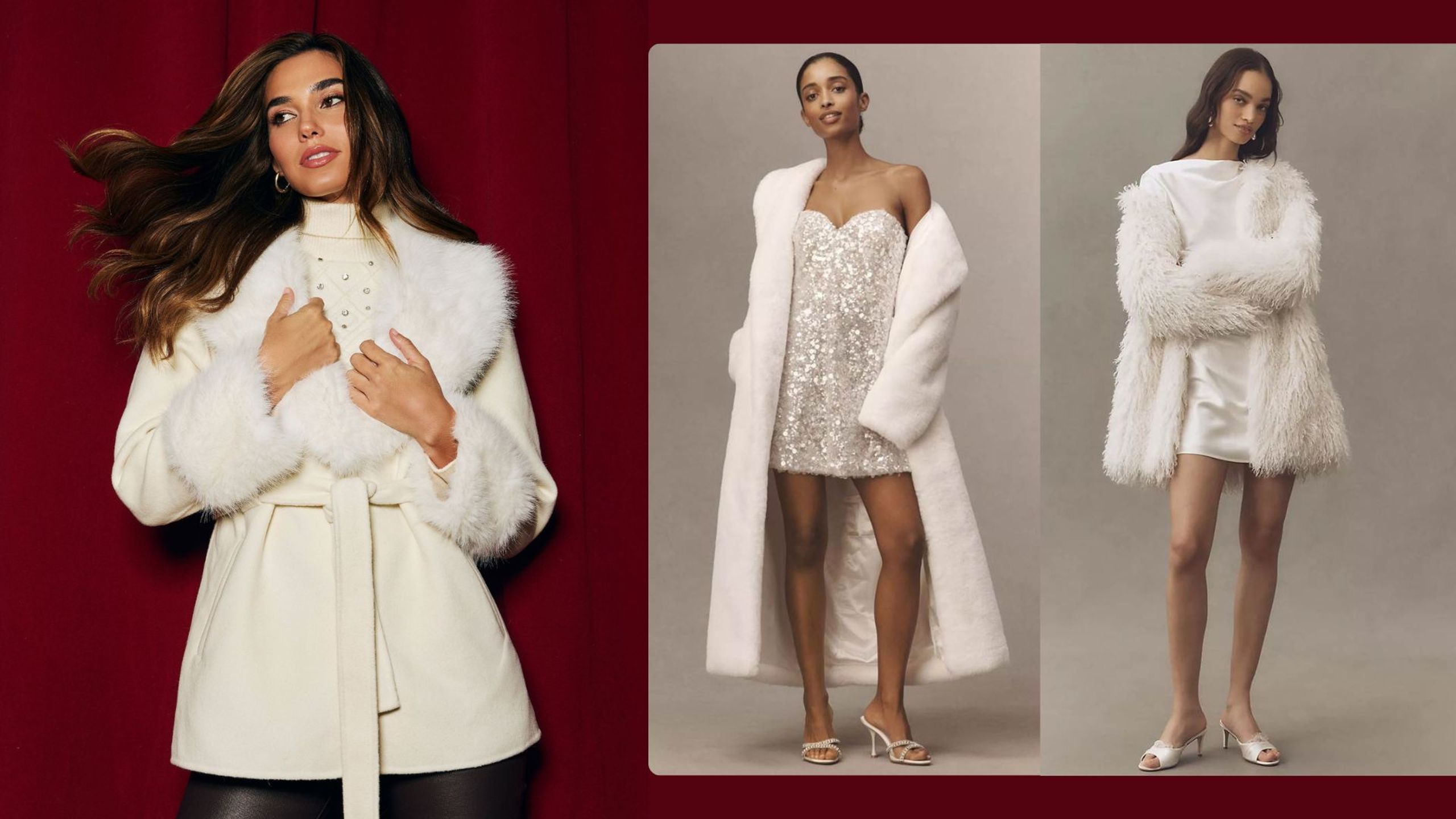 Collage of three ELLIATT winter bridal coats, including a belted faux-fur trim jacket, a long ivory faux-fur coat worn over a sequin mini dress, and a shaggy white faux-fur jacket styled with a satin mini—showcasing elegant outerwear options for winter brides.