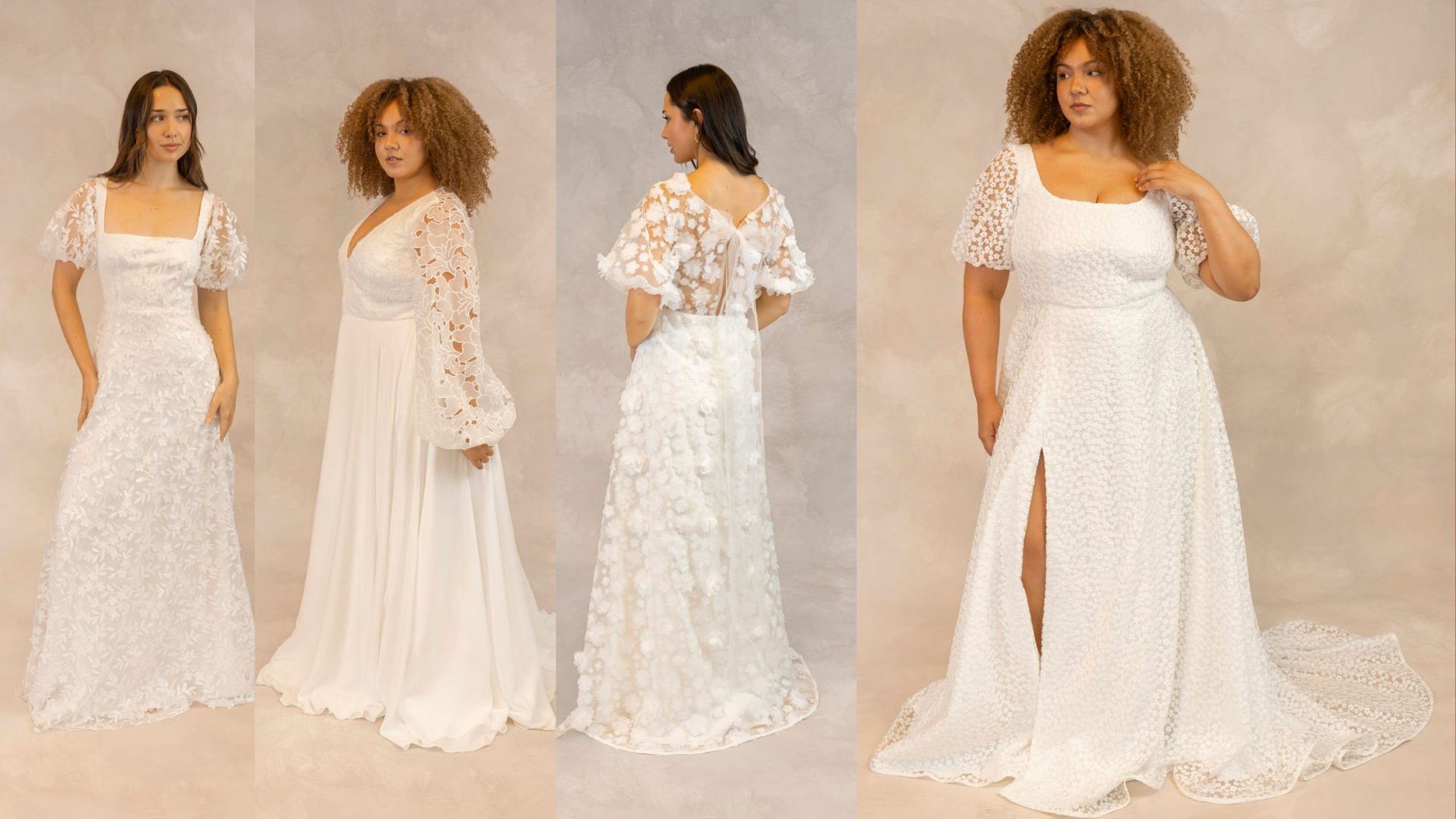 Four bridal gowns from E&W Couture’s New Archive collection, shown on diverse models, featuring puff sleeves, floral lace, 3D appliqué and size-inclusive silhouettes.