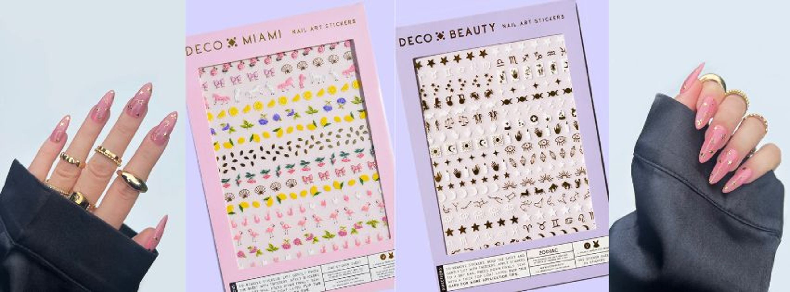 A collage of nail sticker sets from Deco Beauty and manicures using the zodiac stickers
