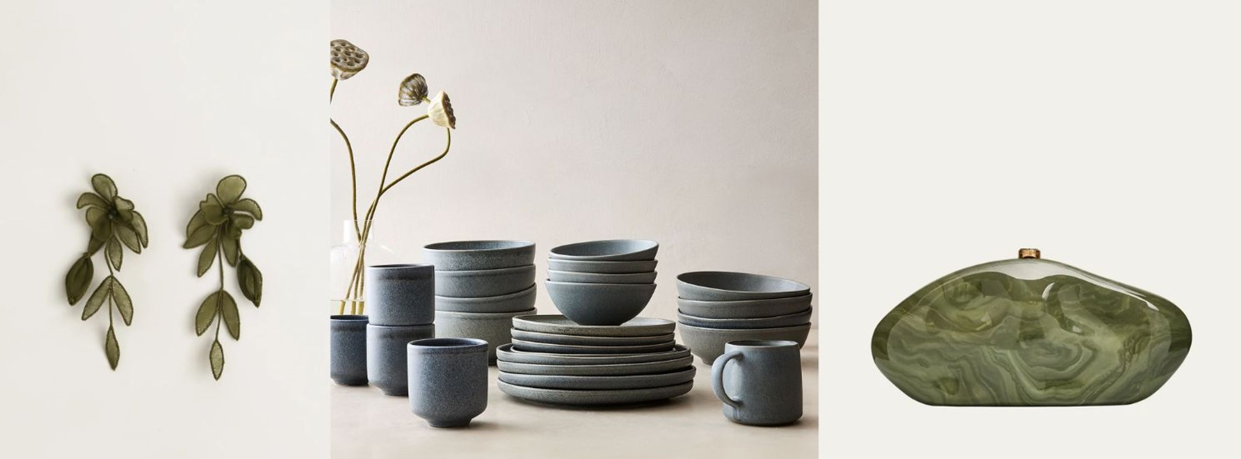 Collage of three earth toned products, earrings, tableware and clutch