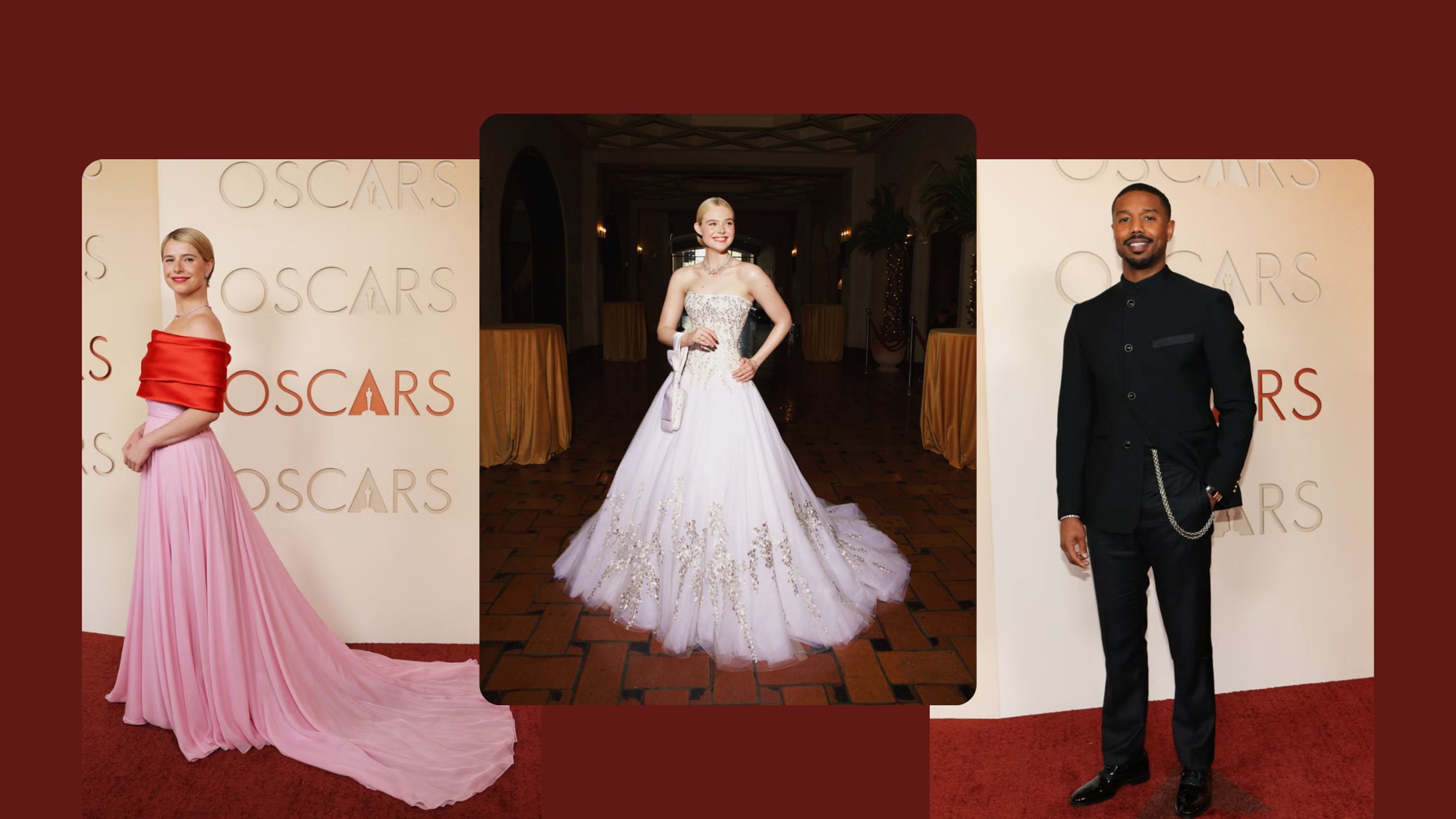 Oscars 2026 red carpet fashion featuring Elle Fanning in a white embroidered Givenchy gown, a pastel pink gown with red wrap detail, and Michael B. Jordan in a modern black Louis Vuitton suit—looks inspiring bridal, bridesmaid and groom wedding fashion trends.