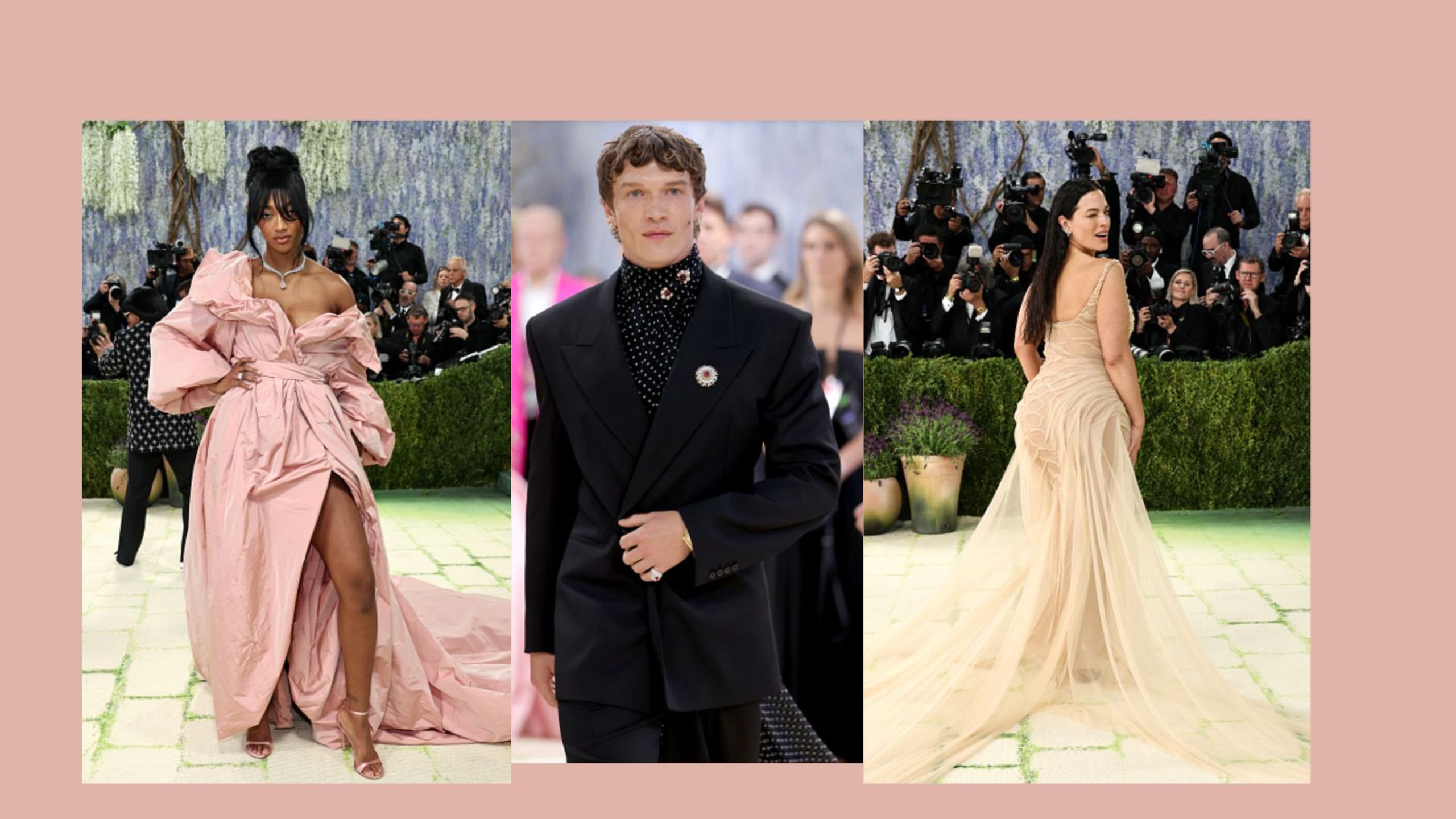 Angel Reese in a voluminous blush gown, Connor Storrie in a tailored black suit and Ashley Graham in a sheer nude gown at the 2026 Met Gala, offering wedding style inspiration for bridesmaids, grooms and reception looks