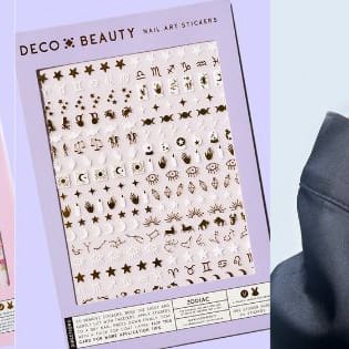 A collage of nail sticker sets from Deco Beauty and manicures using the zodiac stickers