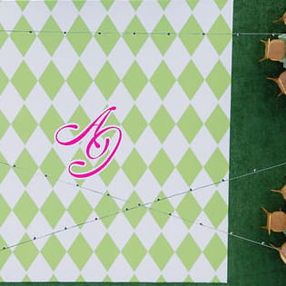Jordin and Allan's outdoor reception from an aerial view, with dance floor at the center