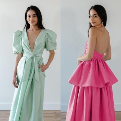 By Watters summer wedding guest dresses in light blue and hot pink