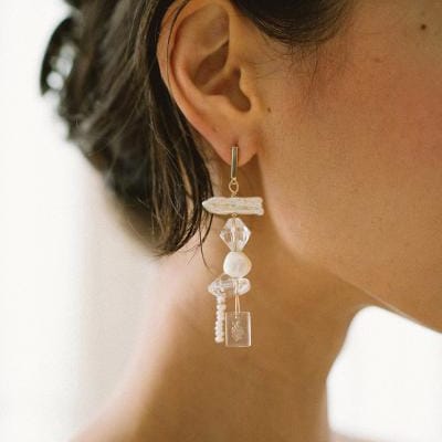 Close-up of a handcrafted glass earring from Rileyhaus featuring a delicate, artisanal design