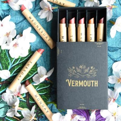 Small Vermouth Beauty lip crayon box with biodegradable, sustainable lipsticks