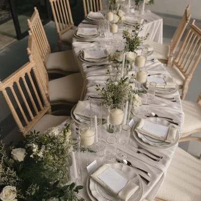 Simple and elegant serpentine tablescape for imagined wedding day at SOMM Hotel & Spa