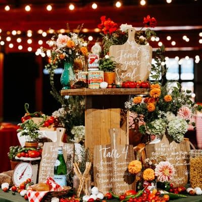 Abundant seating chart design featuring produce infused florals at Essence Event Center