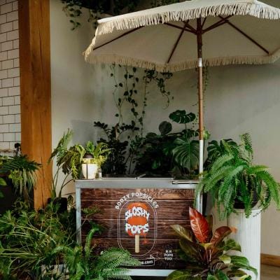 Sloshy Pop stand accented by greenery in imagined wedding day 