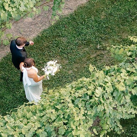 Aerial view of bride and groom walking through the grounds of 7 Vines Vineyard