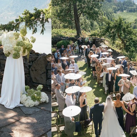Three photos of outdoor wedding day featuring white and green florals and disco balls at The Griffin House