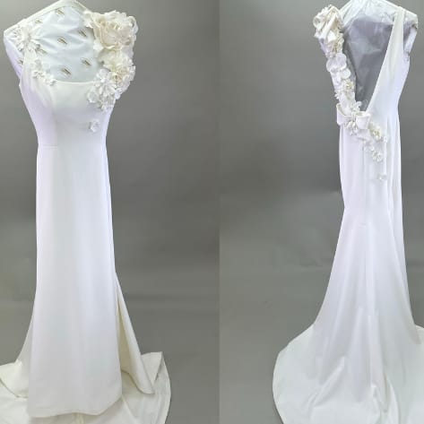 Before and after photos of Margaret's wedding dress restoration services on a Viktor and Rolf gown