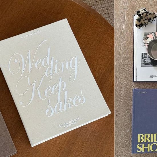 Collage of three photos featuring The Ceremony Club's linen wedding keepsake boxes