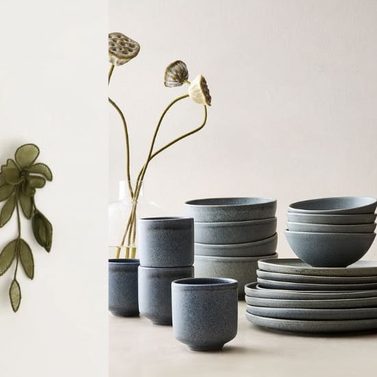 Collage of three earth toned products, earrings, tableware and clutch