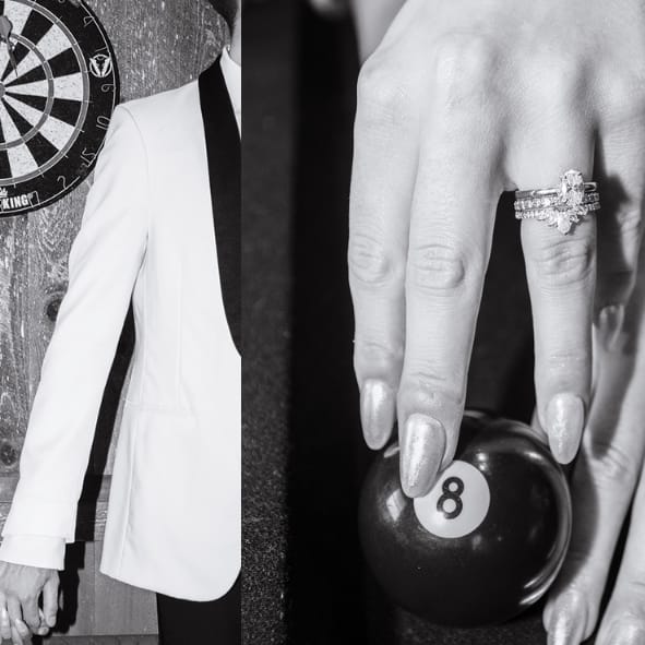 Collage of three black and white Billiards Room wedding day portraits