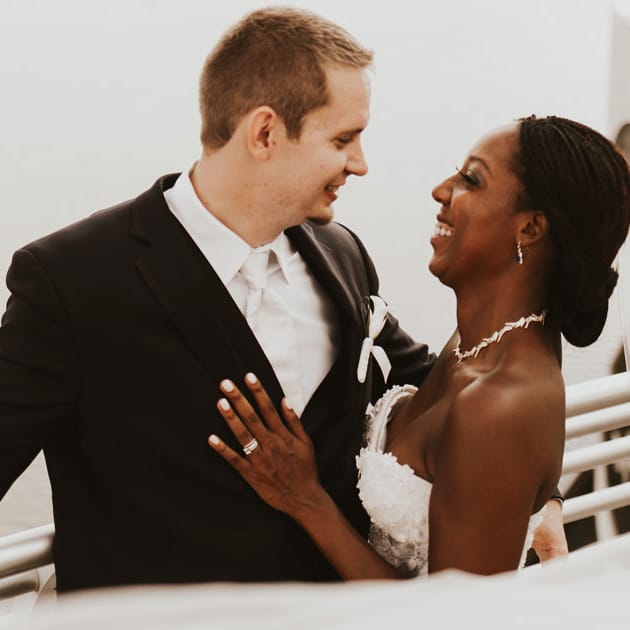 The couple laughing on Monona Terrace
