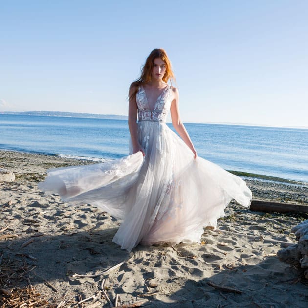 Willowby gown from Lovely Bride at Discovery Park on the coast of the Puget Sound in Seattle.