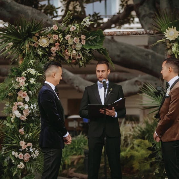 Milton and Victor celebrating their love and heritage in a modern paebaek ceremony.